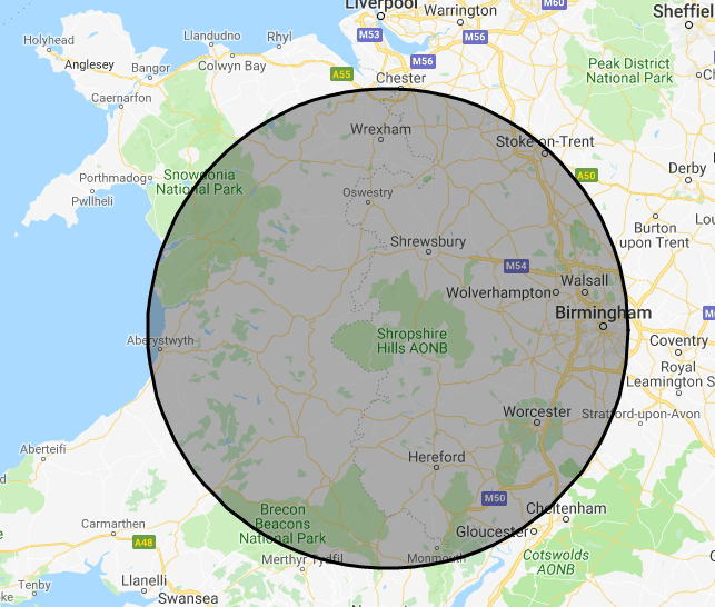 Shropshire Hills Catering map showing areas covered